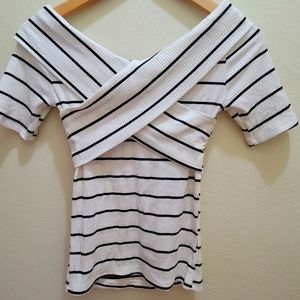 SHEIN Crisscross Bardot Striped Ribbed Tee